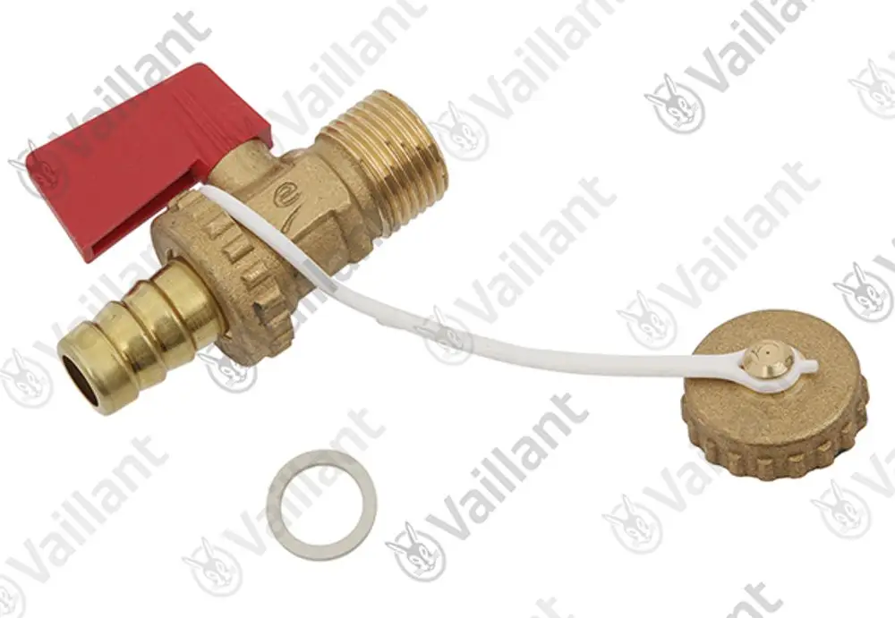 Vaillant-Entleerungsventil mit rotem Hebel, Anschlussgewinde und abnehmbarer Abdeckung. Sichtbare Unterlegscheibe. Entleerungsfunktion für Heizsysteme.